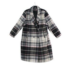 Simply Emma Long Plaid Wool Blend Coat Double Breasted Pink Gray Black Check Pat
